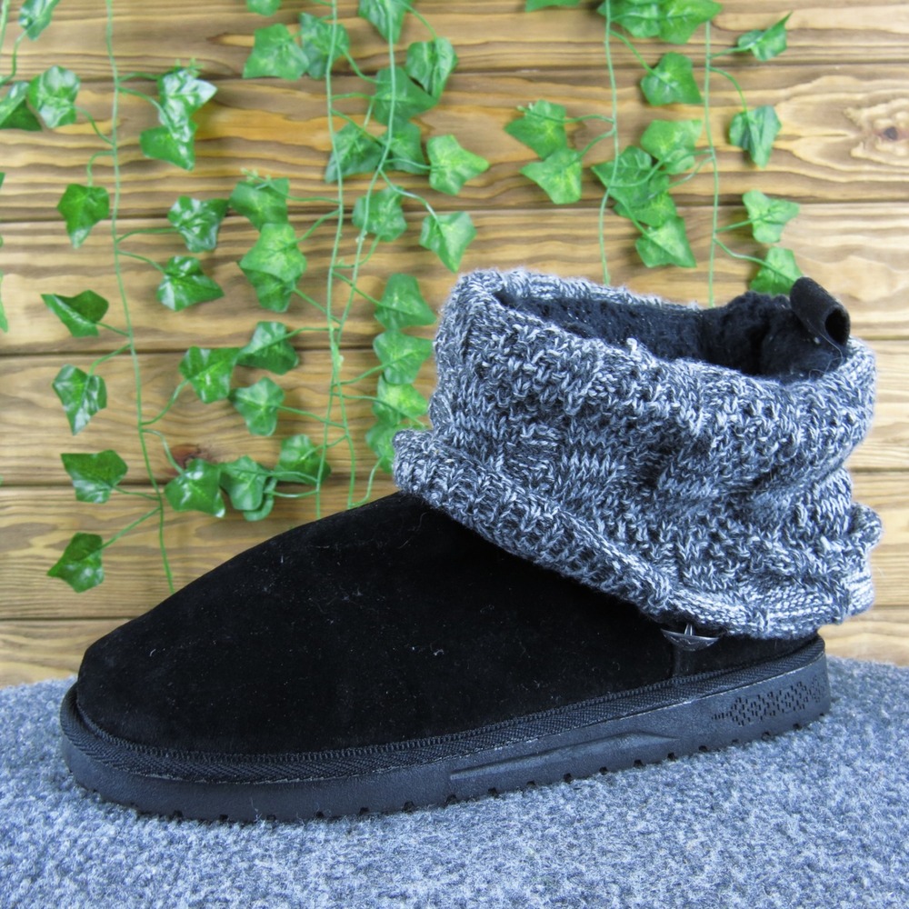 Muk Luks Black Faux‎ Suede Knit Cuff Booties Cozy Warm Slip On Winter Women 11